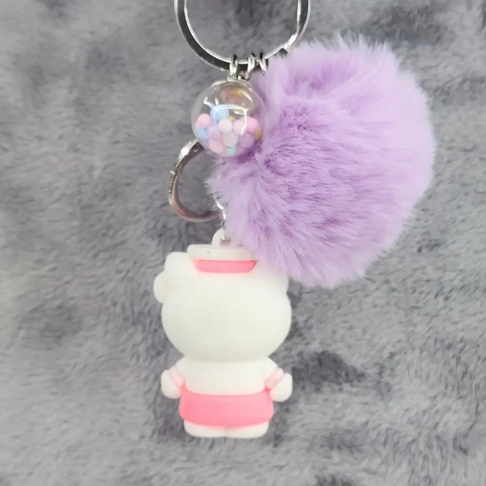 Hello Kitty 3D Figure Keychain, puff ball & mini bead filled bubble Pink Purple